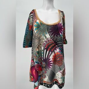 DESIGUAL Mixed Print Designer Fringe Trim Lightweight Tshirt Top Women's Xl